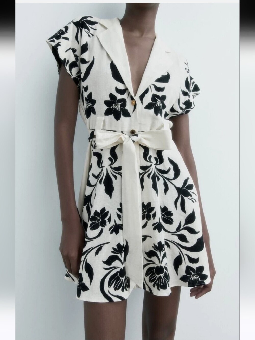 Zara Linen Blend Belted Ecru Floral Dress XS